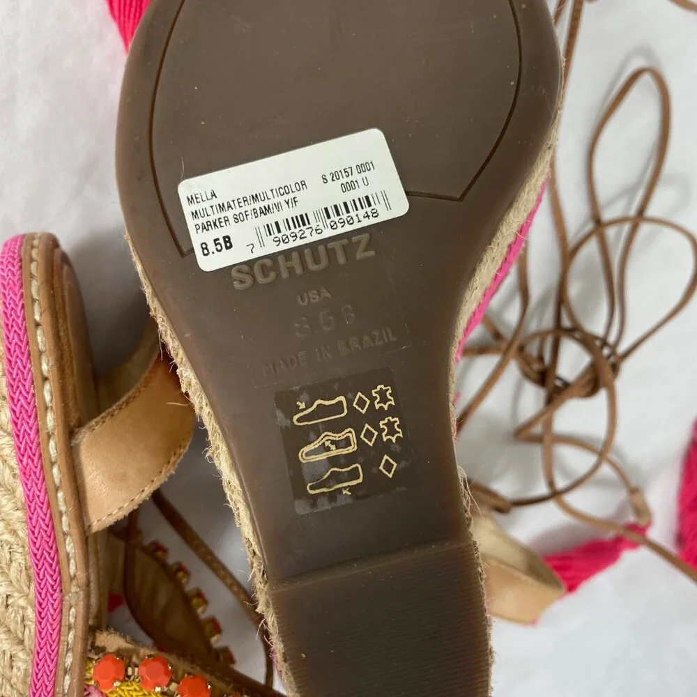 NEW Schutz Mella Espadrille Wedge Heel Sandal Pom Pom Jeweled 8.5